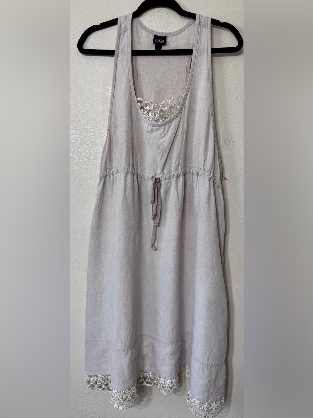 Eileen Fisher Organic Linen Lace Trim Drawstring Midi Dress XL Gray - Picture 2 of 7